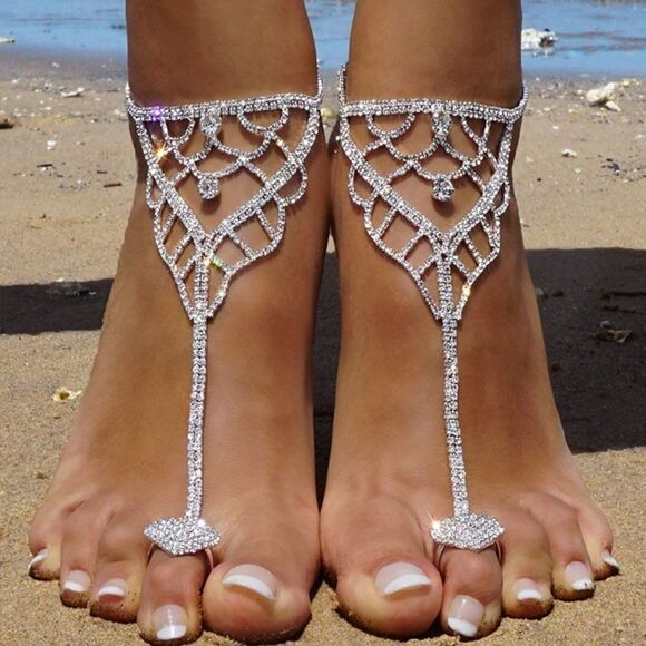 Silver and White Diamond Austrian Crystal Netted Anklet Foot Chains - Set of 2 - Picture 1 of 6